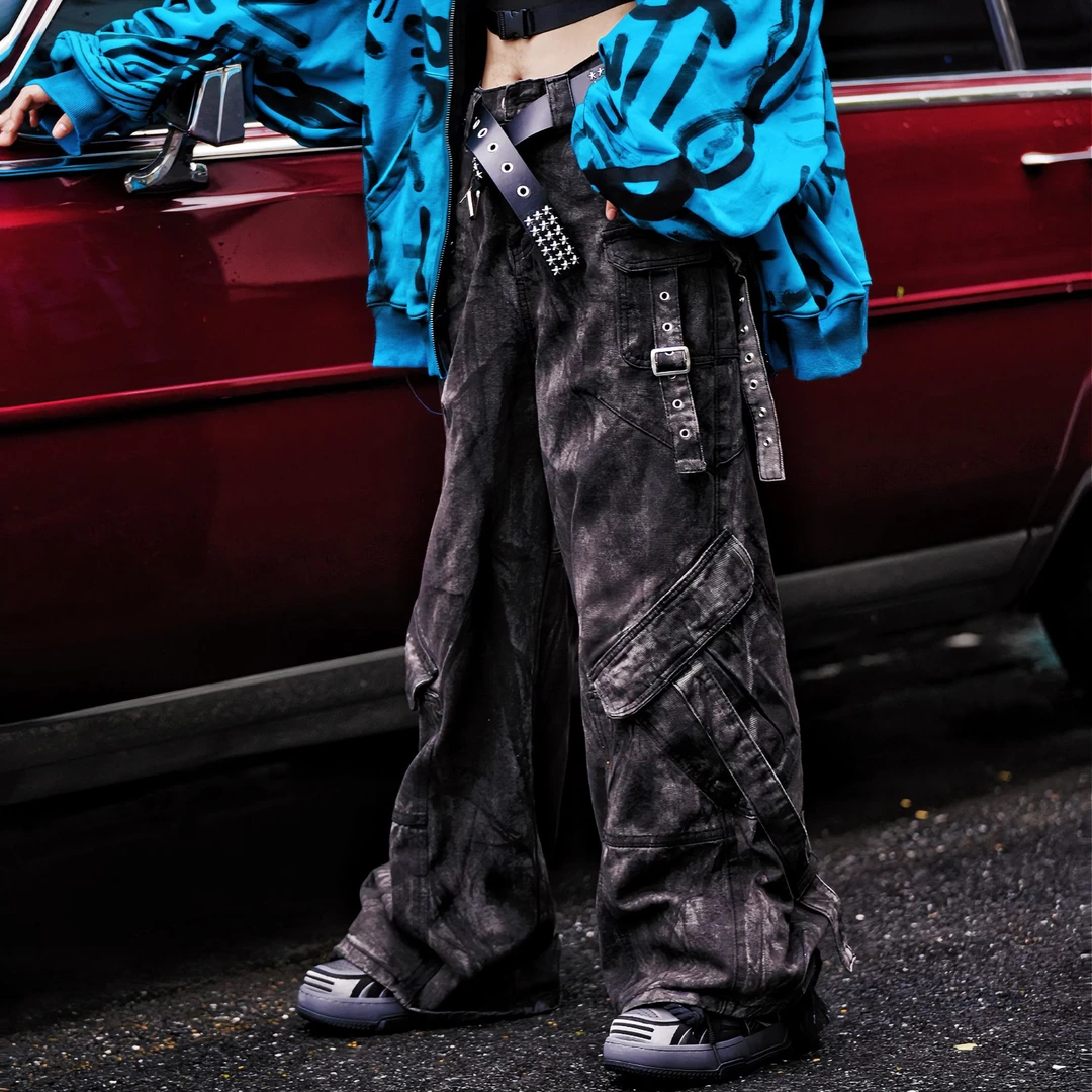 原创【黑耀梦】重磅多袋小众复古旧牛仔废土重磅拉链t口袋工装裤