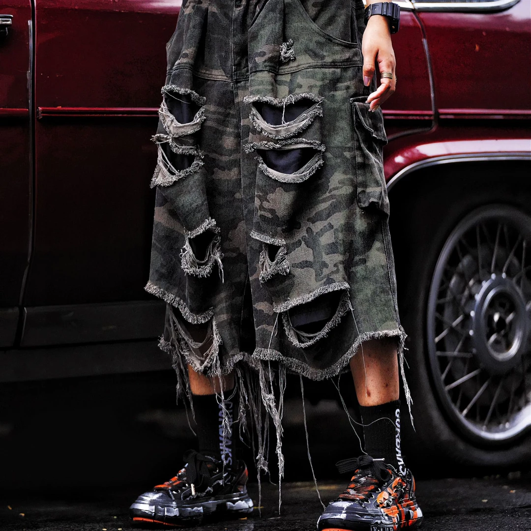 原创【陆战队】复古重磅大口袋破坏风毛边迷彩工装七分裤短裤女男