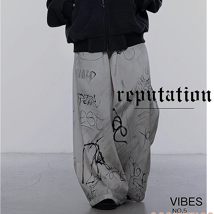 潮流牛仔裤手绘做旧脏污涂鸦牛仔裤设计感大板型休闲宽松阔腿长裤