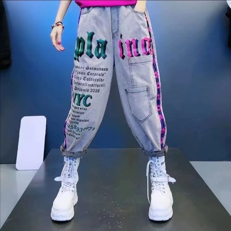 欧洲站2024夏季新款个性字母印花宽松显瘦潮牌哈伦裤女