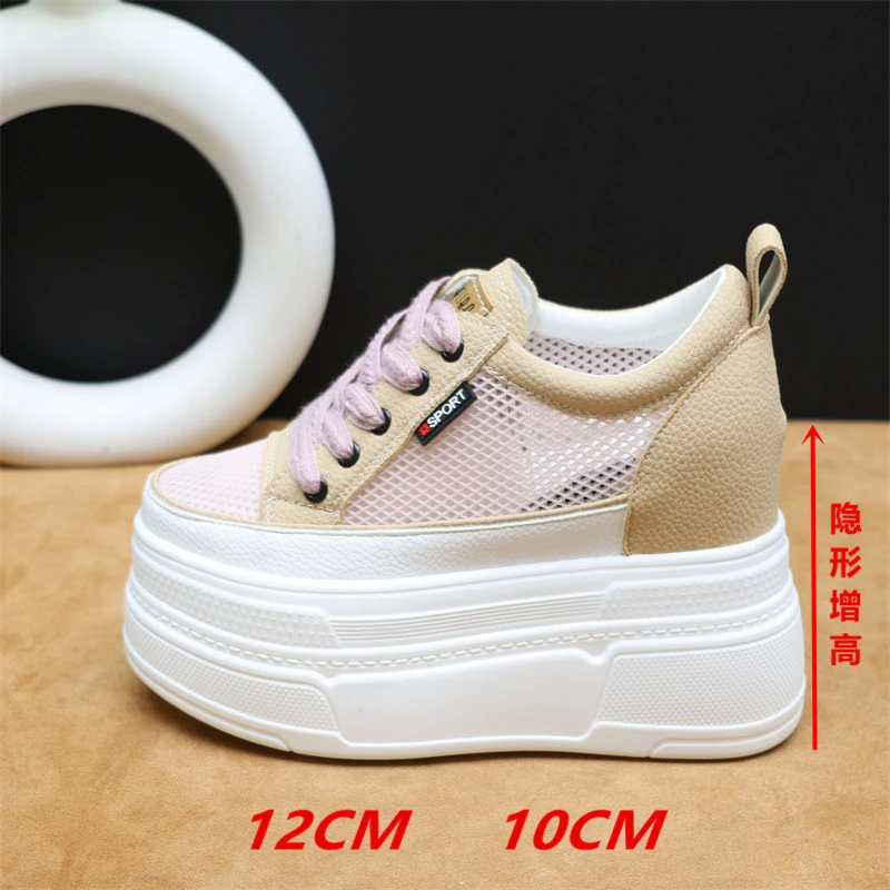 小白鞋女2024新款夏季透气网面12cm内增高休闲鞋小个子厚底34网鞋