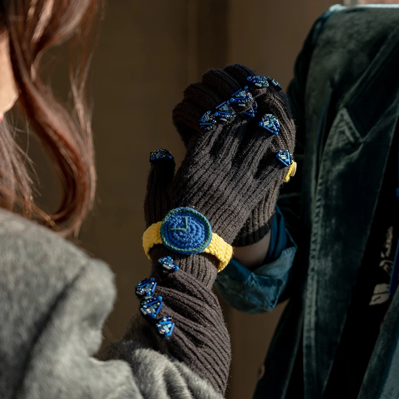 芽小七原创设计黑色精灵手套手套保暖可爱卡通韩版秋冬季露指百搭