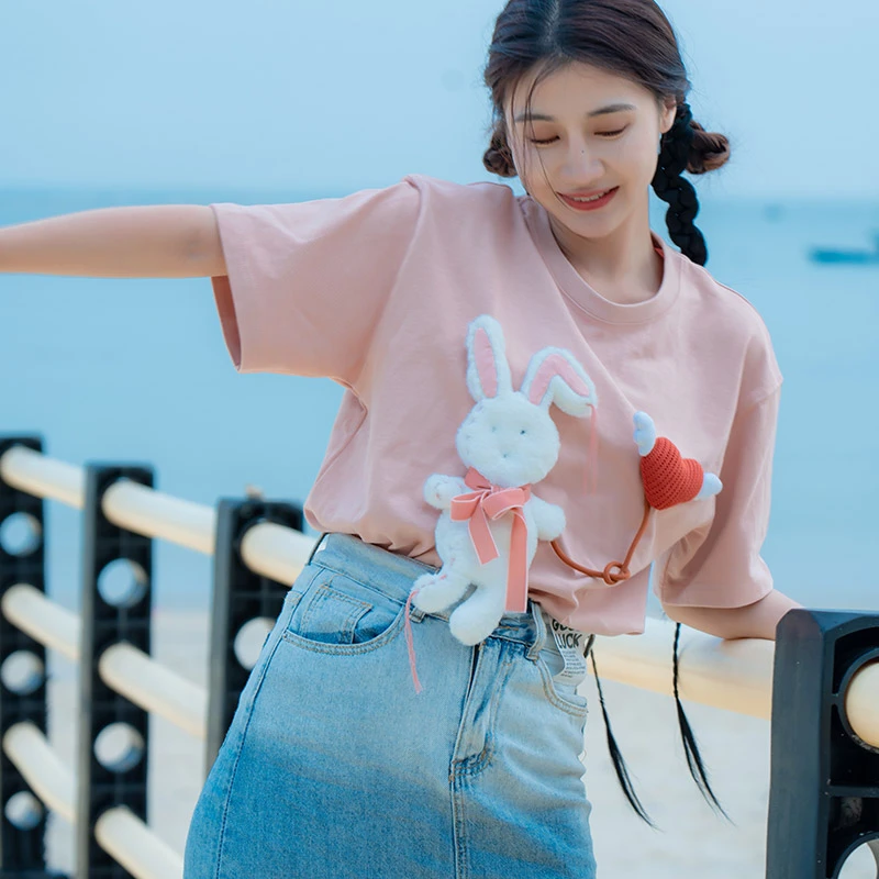 芽小七原创手工糯糯兔粉纯棉上衣女夏设计感小众热恋情侣装圆领
