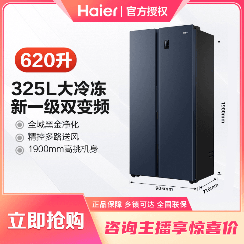 Haier/海尔620L对开门大冷冻冰箱大容量一级能效BCD-620WLHSSEDB9