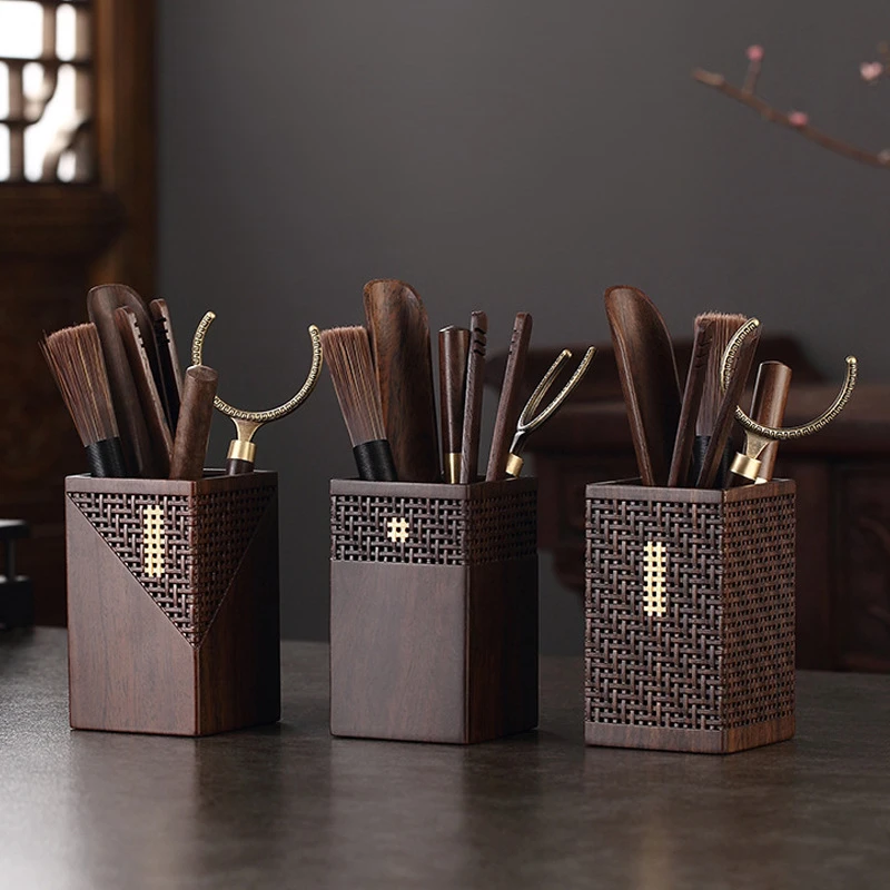 黑檀实木茶道六君子套装高档泡茶茶具配件6君子茶夹刀勺工中式