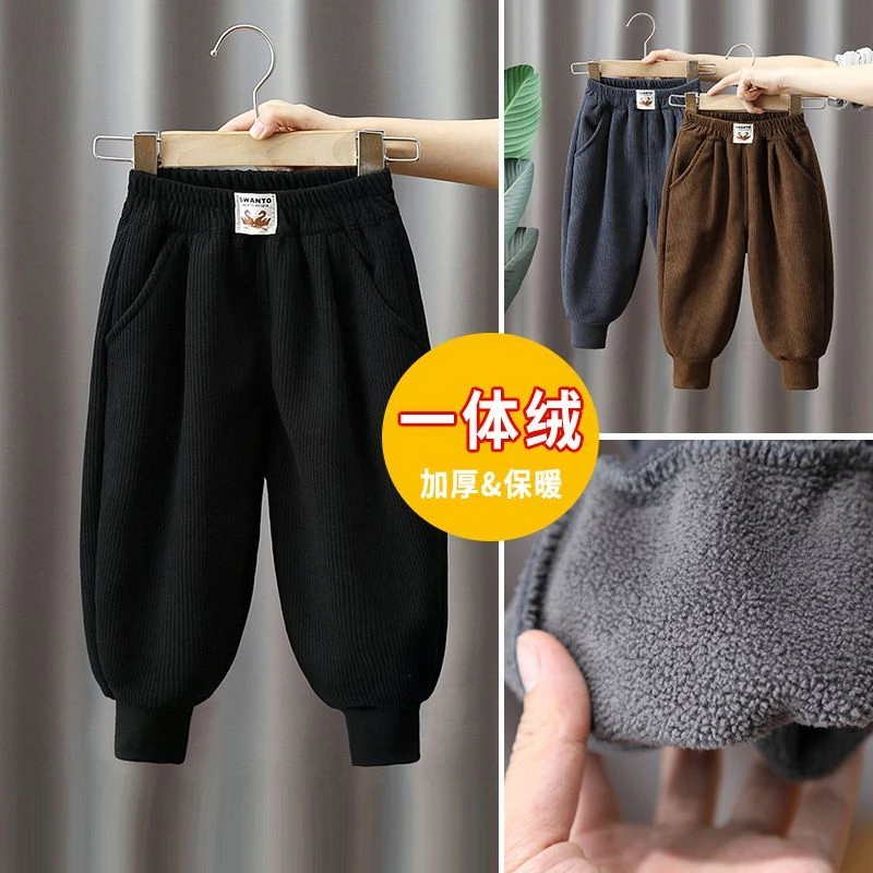 儿童加绒裤子一体绒外穿秋冬款新款宝宝小童休闲裤男童宽松潮d