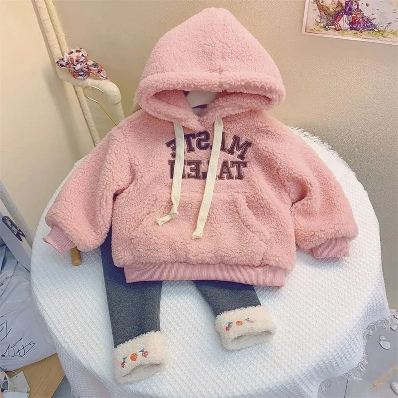 女童冬季加绒套装2023儿童加绒加厚卫衣阳羔毛加厚打底裤一条AA