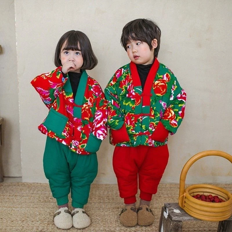 东北大花袄儿童唐装男童中国风冬款女宝宝喜庆拜年服加厚保暖婴儿