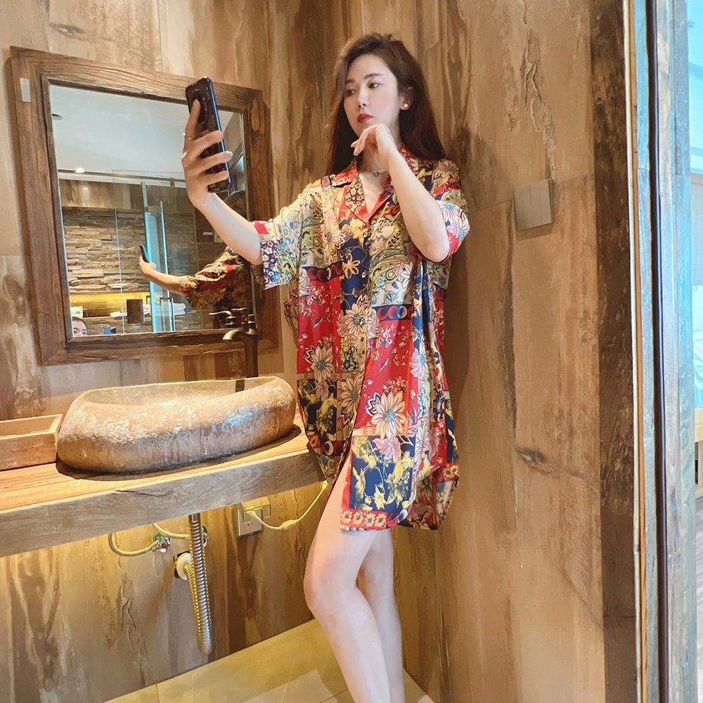 冰雪丝夏季高品质睡衣女短袖冰丝睡裙性感宽松薄款外穿开衫印花