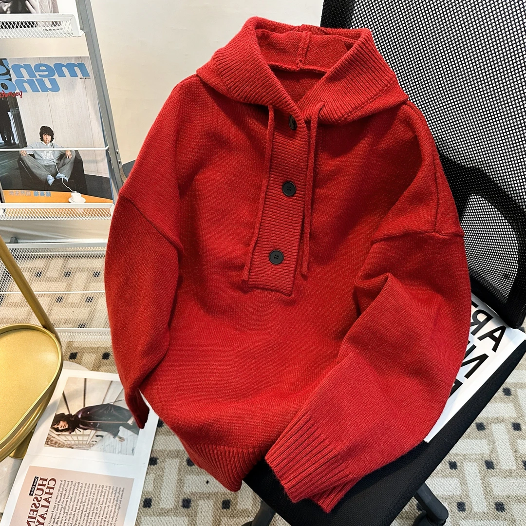 新年新款蛇年本命年慵懒氛围半开衫连帽毛衣男秋冬宽松休闲针织衫