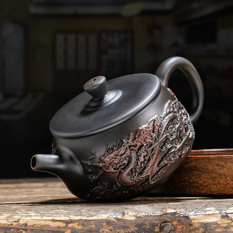 紫陶龙凤壶功夫茶具大容量纯手工泡茶壶浮雕全手工家用陶瓷泡茶器