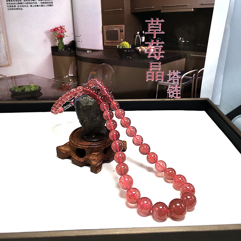 天然草莓晶项链时尚女粉色原石红色水晶配饰圆珠塔链饰品
