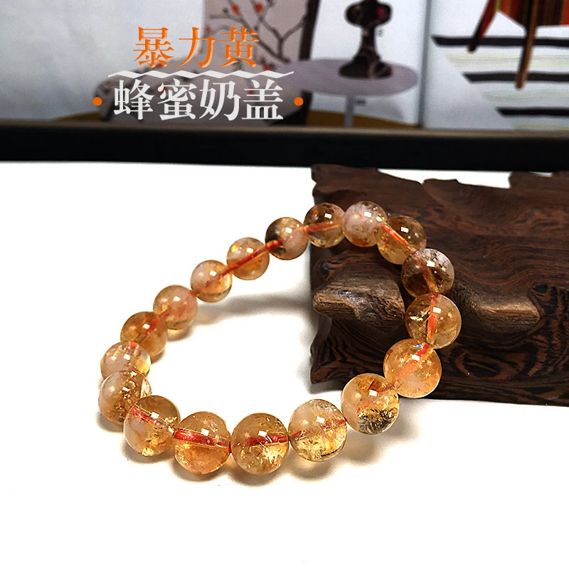 天然黄水晶蜂蜜奶盖手链男女款时尚百搭黄色晶石手串单圈圆珠饰品