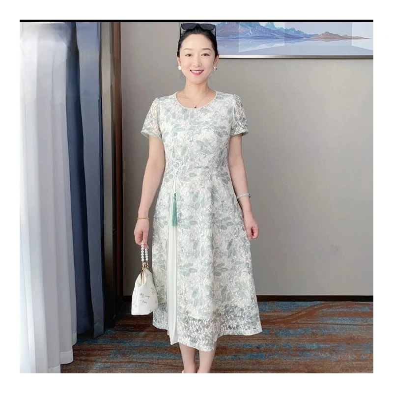 L315气质妈妈装国风碎花连衣裙夏季新款中年女洋气短袖长裙子