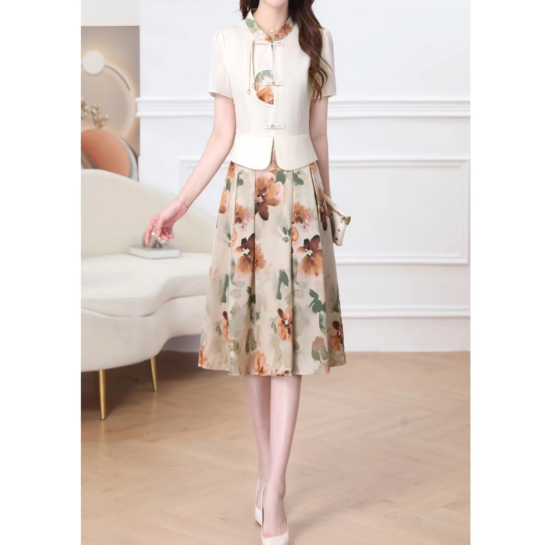 L144中年妈妈装A字版气质碎花连衣裙新款花边领短袖假两件裙子女