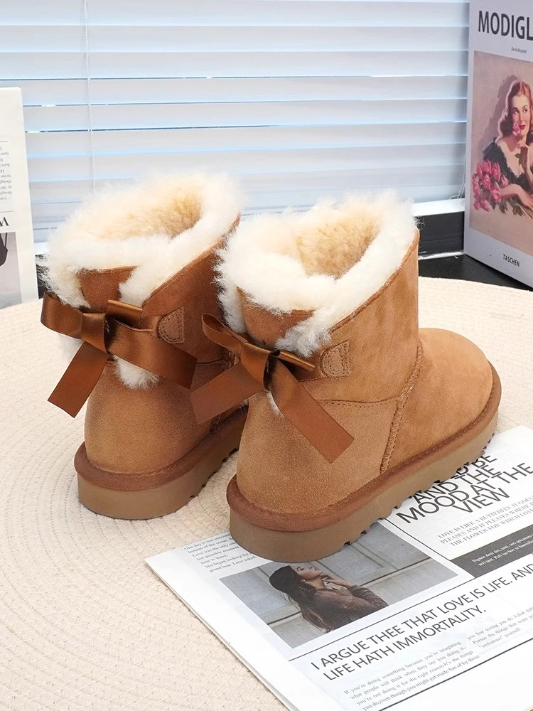 【单丝带蝴蝶结】雪地靴女经典款羊皮毛一体冬季保暖加绒短筒大棉鞋