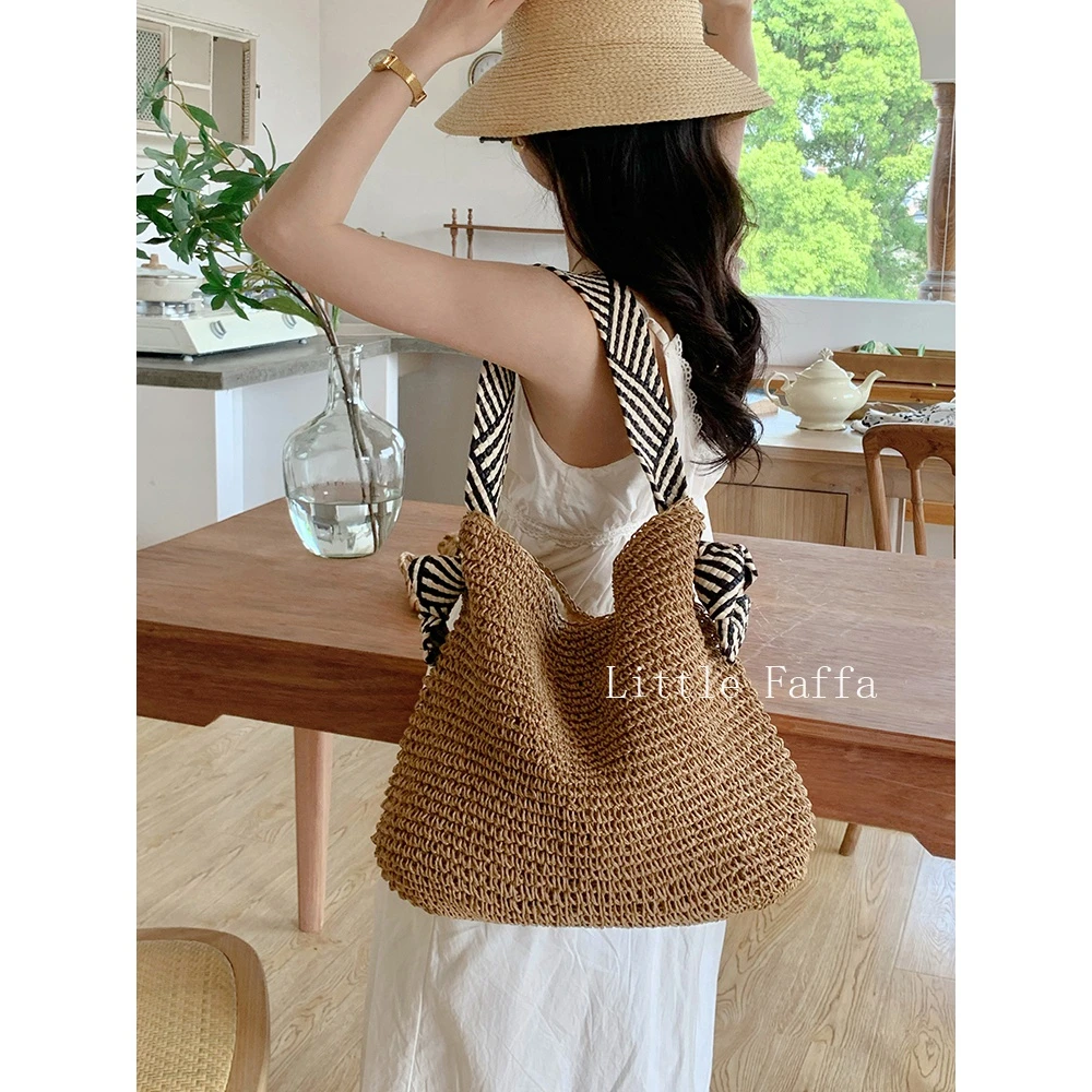 韩风时尚草编包2025手工编织腋下包小众海军蓝包带手提编织包休闲