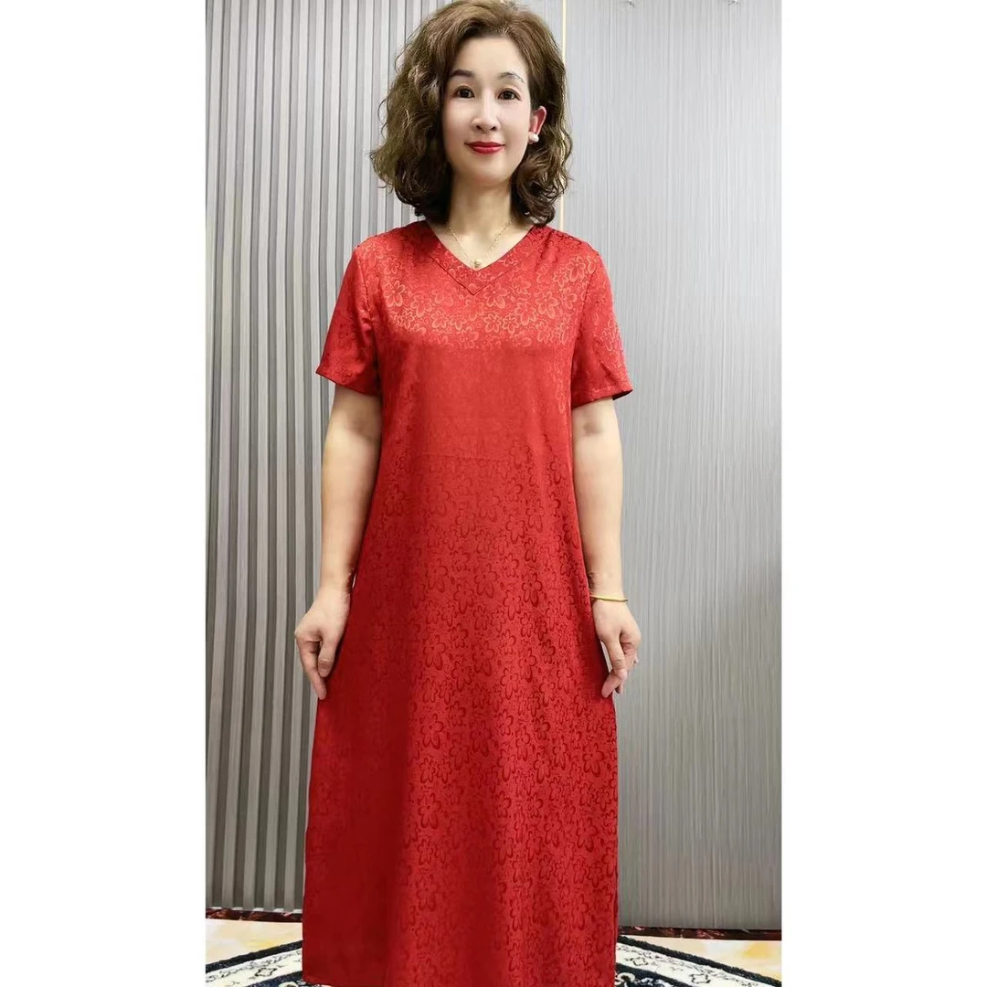 新款夏季提花A字裙时尚气质妈妈装宽松显瘦洋气中长款遮肚-周