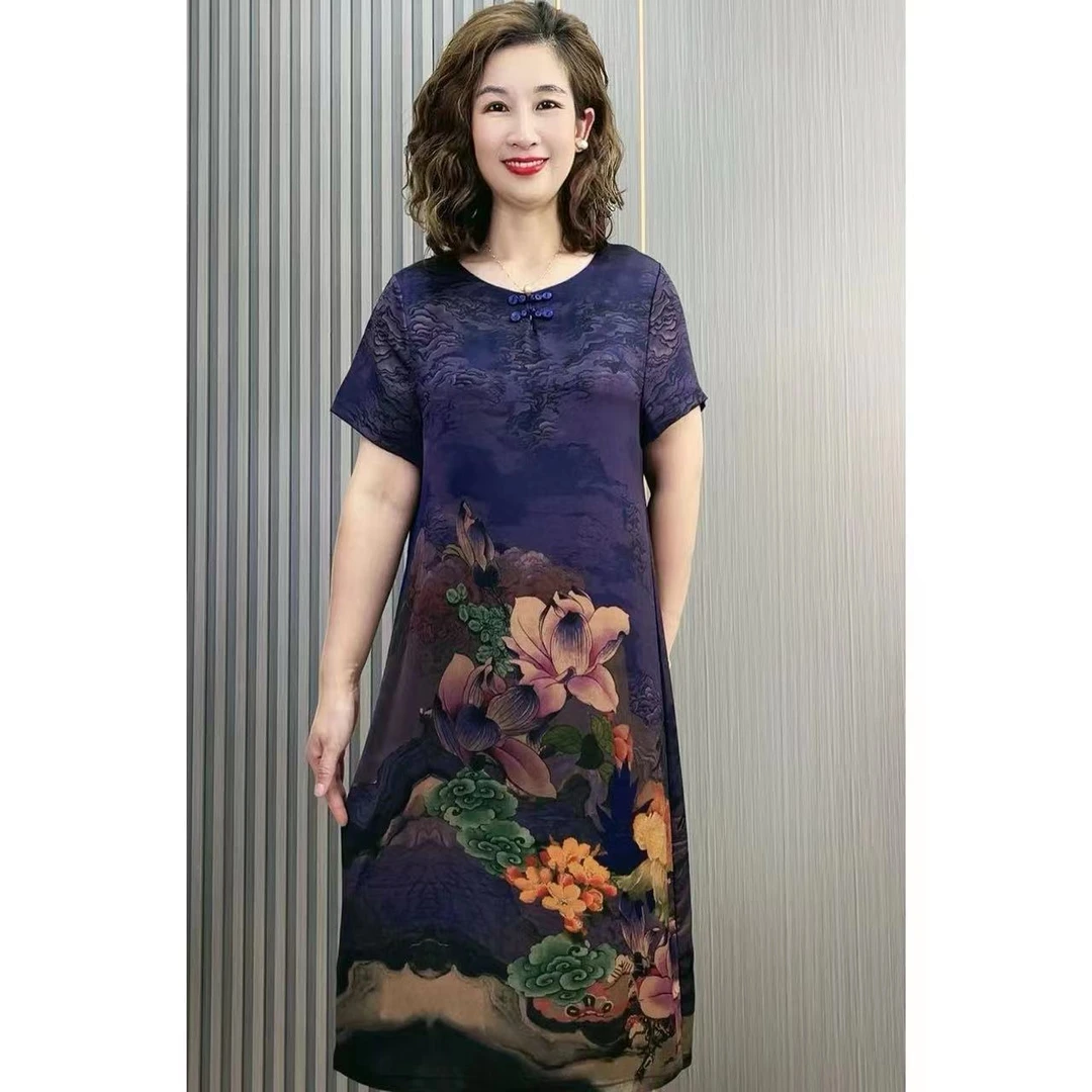 【荷花】夏季妈妈装洋气时尚中长款显瘦气质国风连衣裙--秀