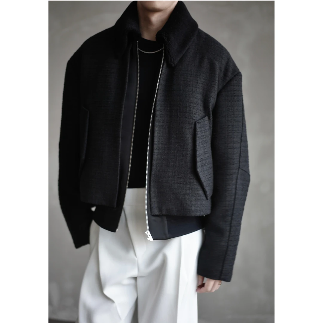 G FOR INNERTHOUGHT|日本进口黑色银丝小香风皮草毛领厚棉服夹克