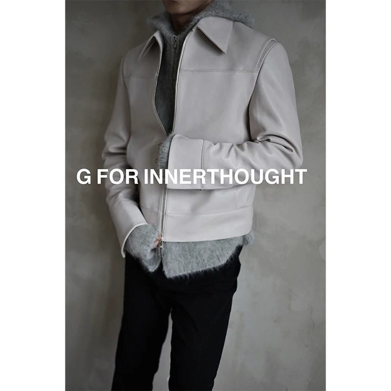G FOR INNERTHOUGHT|西班牙轻蜡小绵羊皮暖米白翻领拉链皮衣