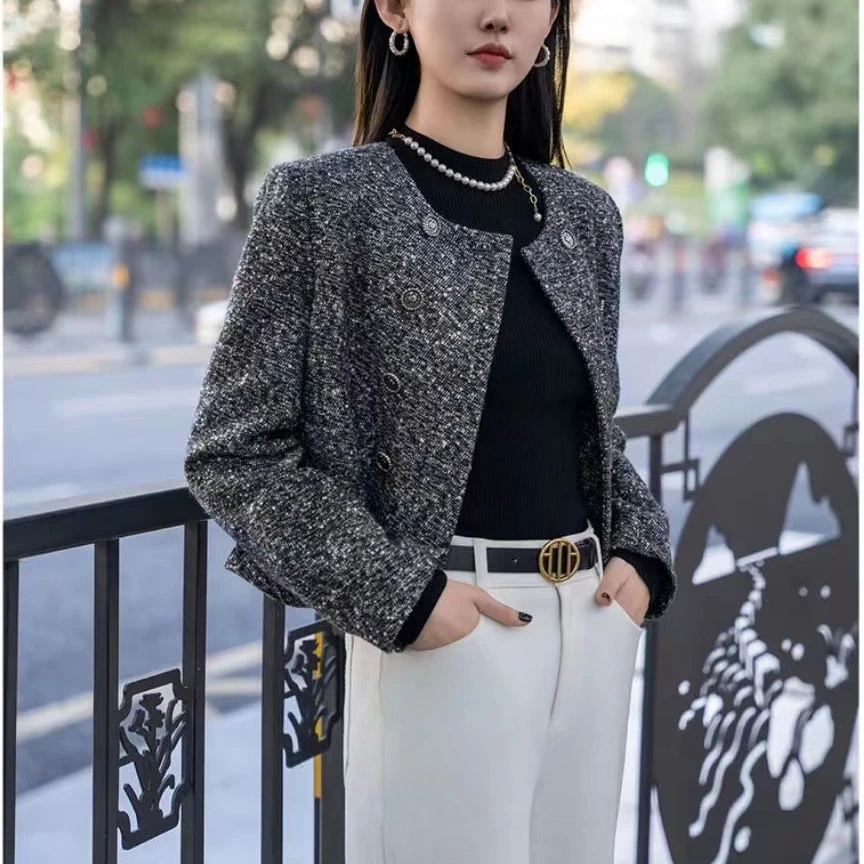 【商场同款】新款春秋圆领气质双排扣精致长袖百搭小香风时尚外套