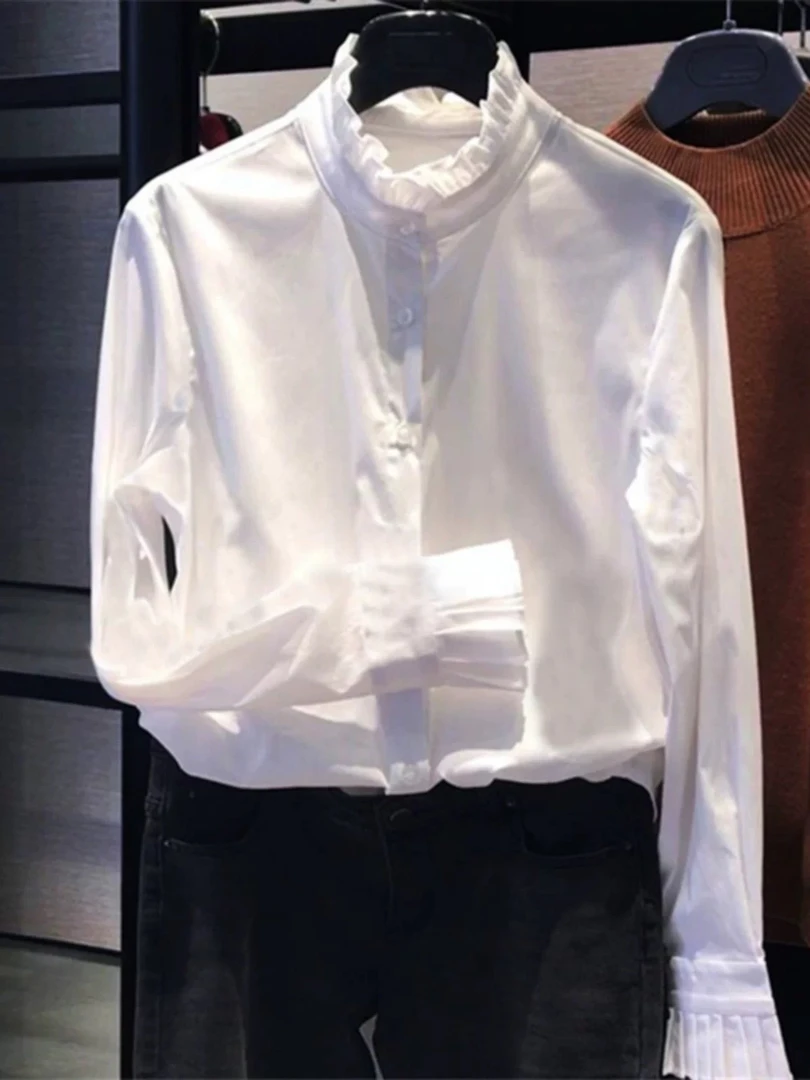 【商场同款】春秋新款百搭木耳边打底立领长袖纯棉白衬衫洋气上衣53