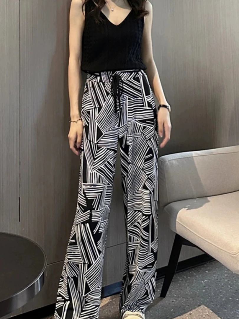 【商场同款】2025新款休闲高腰丝滑宽松松紧冰凉直筒长裤1100408