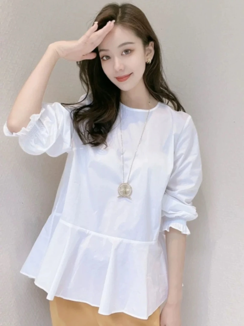 【商场同款】春秋新款纯色圆领宽松百搭荷叶袖衬衫百搭上衣1300701