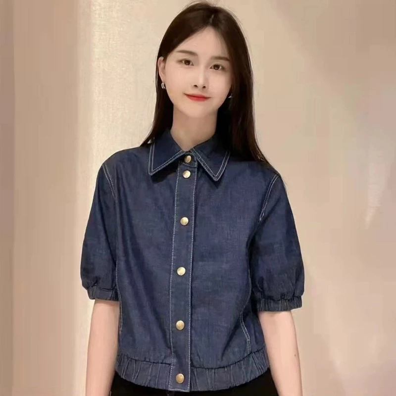 【商场同款】2024夏季短款牛仔衬衫女薄款翻领泡泡短袖外套上衣外搭