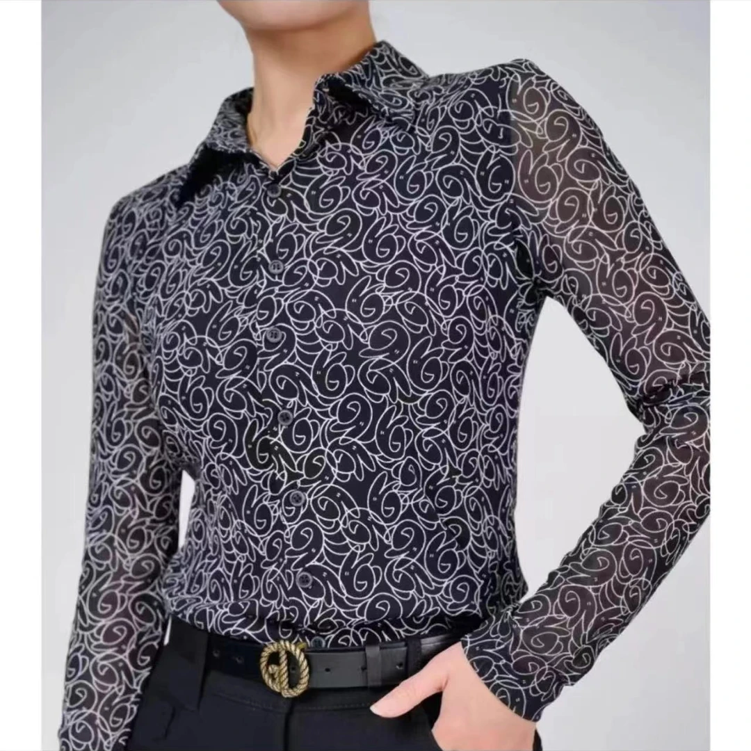 【商场同款】春新款黑色印花衬衫女长袖深呼吸兔兔网纱显瘦时尚衬衣