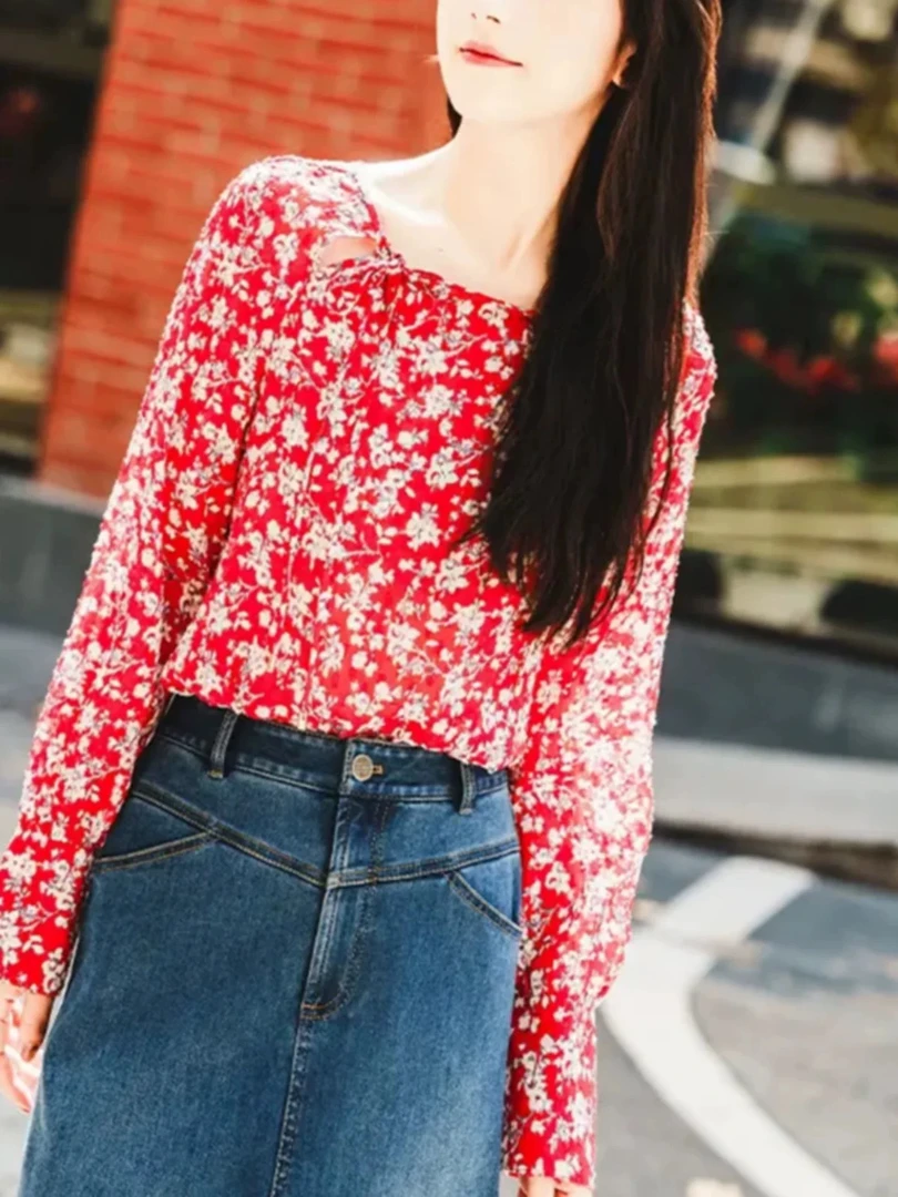 【商场同款】2025春季款时尚复古优雅碎花方领长袖衬衫女上衣130012
