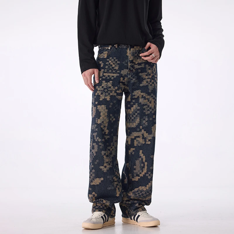 男士秋冬复古提花舒适爆款新款气质宽松直筒做旧潮流时尚牛仔裤子