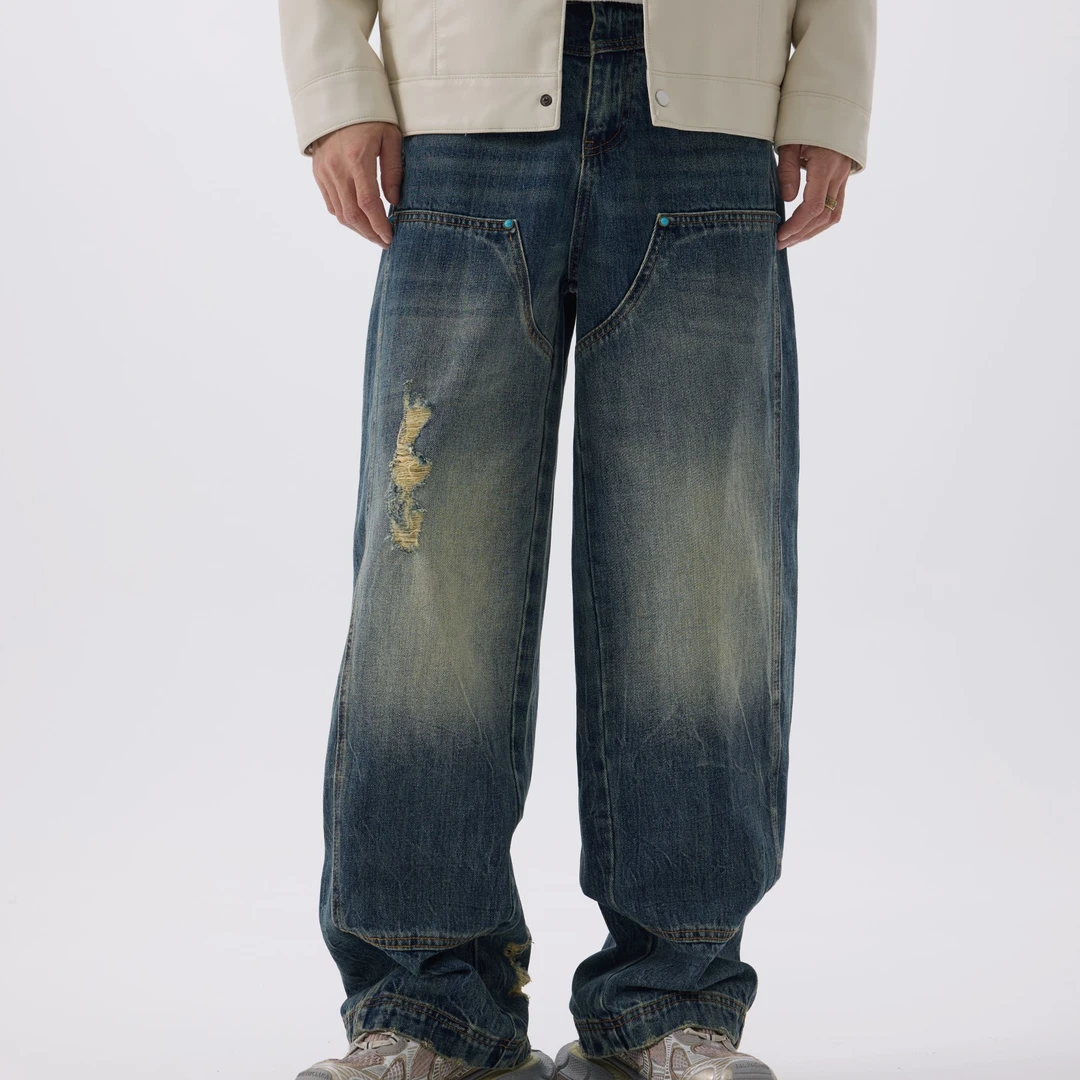 礼公子FW24走秀秋冬猫须水洗新款绿松石破洞直筒牛仔裤工装伐木裤