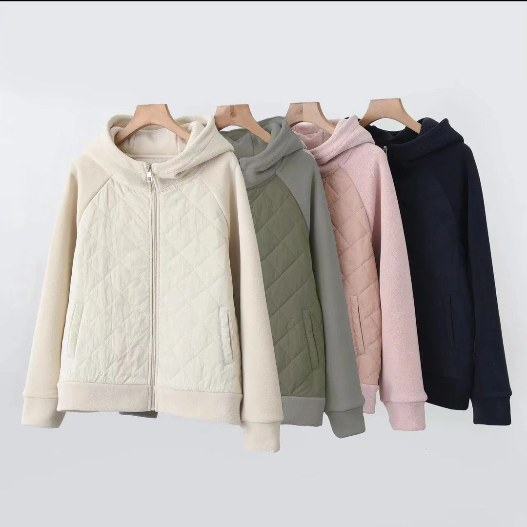 【温暖冬日】冬季新款外套女纯色夹棉开衫加厚菱形拼接棉服外套087