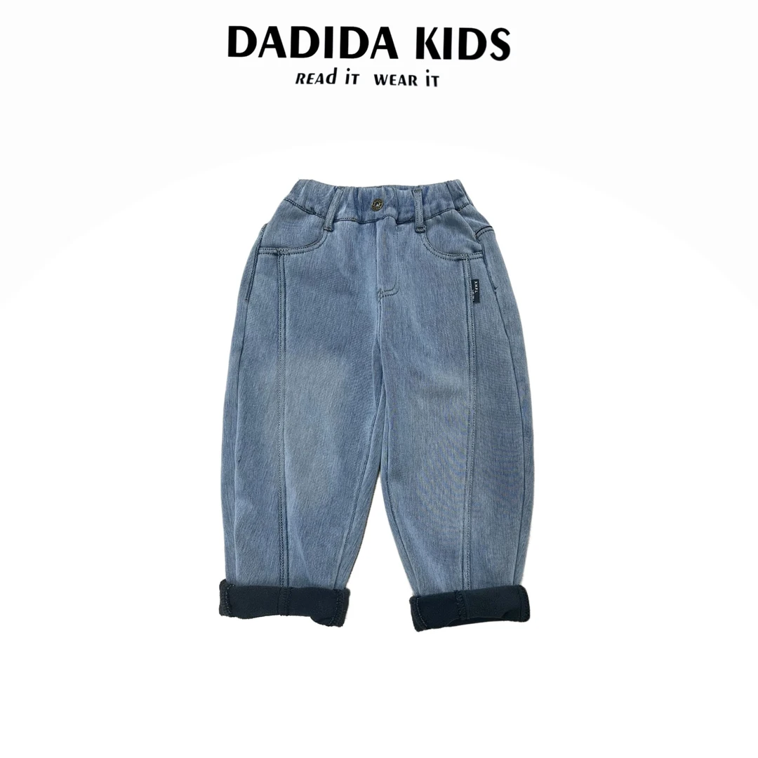 dadida/嗒嘀嗒男童冬季水洗明线百搭加绒牛仔裤+504300215
