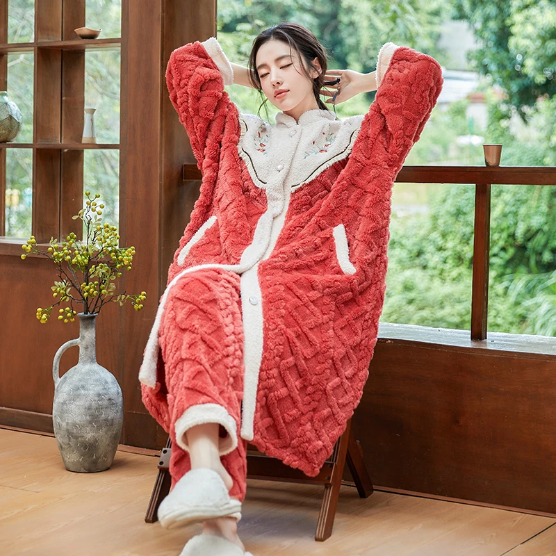 2024爆款国风中长款女秋冬加绒加厚女士睡衣套装出门款长款家居服