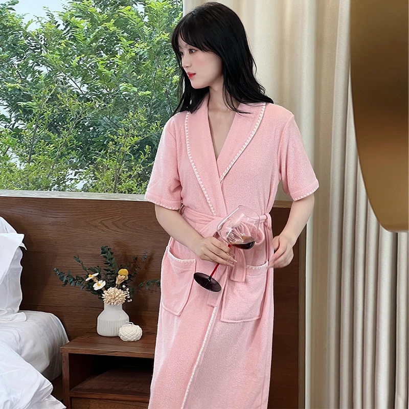 新款毛巾料浴袍女士夏季薄款睡衣吸水透气浴衣夏天花边睡衣大码