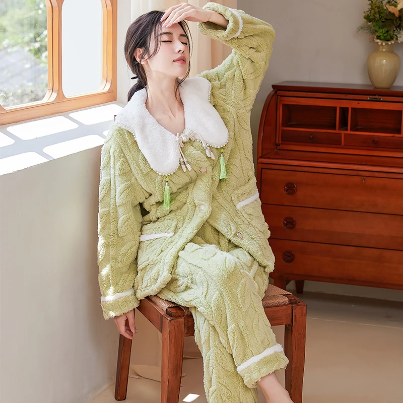 新中式提花绒睡衣女士秋冬款睡衣加绒加厚长袖显白国风家居服套装