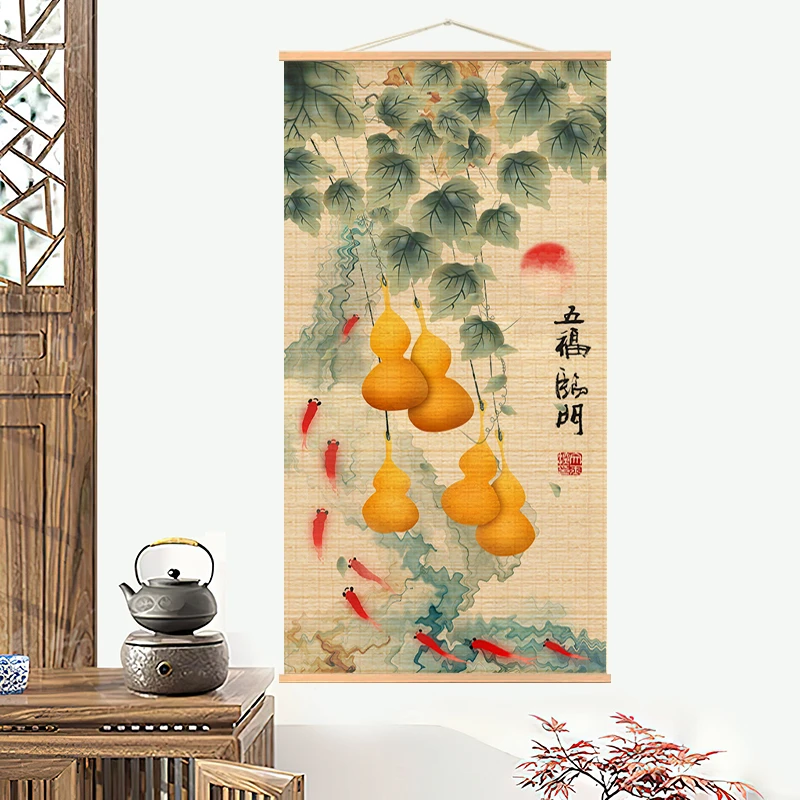 五福临门禅意新中式竹帘挂画房茶室背景玄关禅意茶室书房禅道茶道