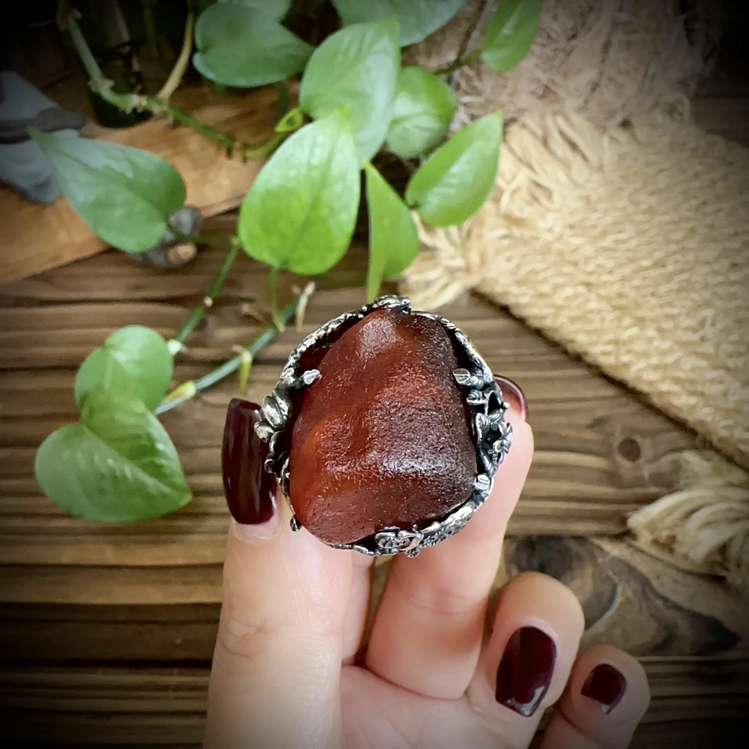 【古香古色】复古s925银蜜蜡琥珀戒指（开口可调节）