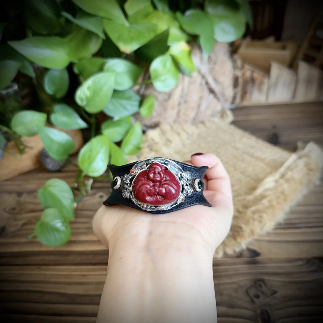 天然辰砂【古香古色】原创复古s925银朱砂皮手镯（开口可调节）