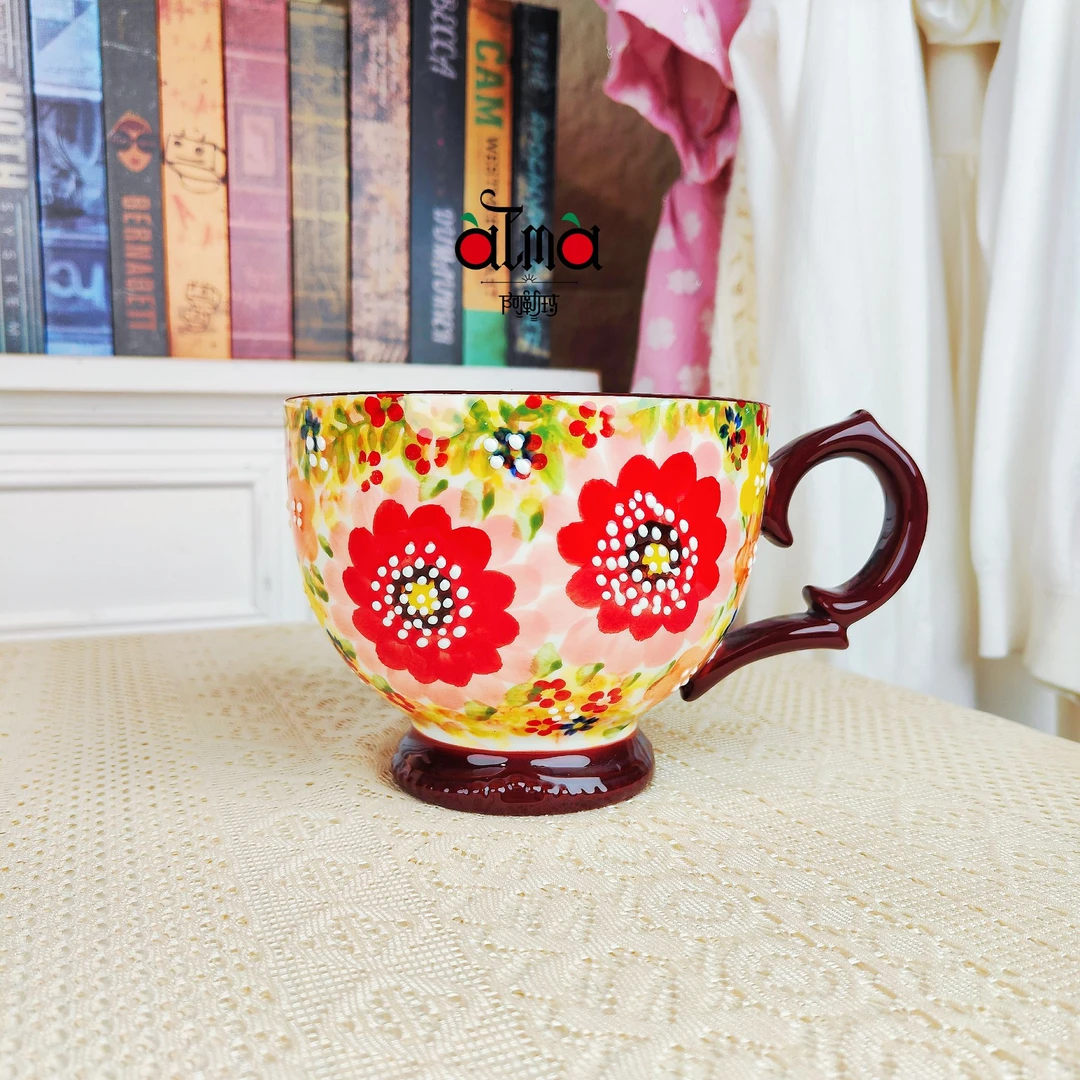 妮娜专属 阿勒玛 新疆包邮【莫奈花园】手绘盘防烫加厚680ML早餐杯