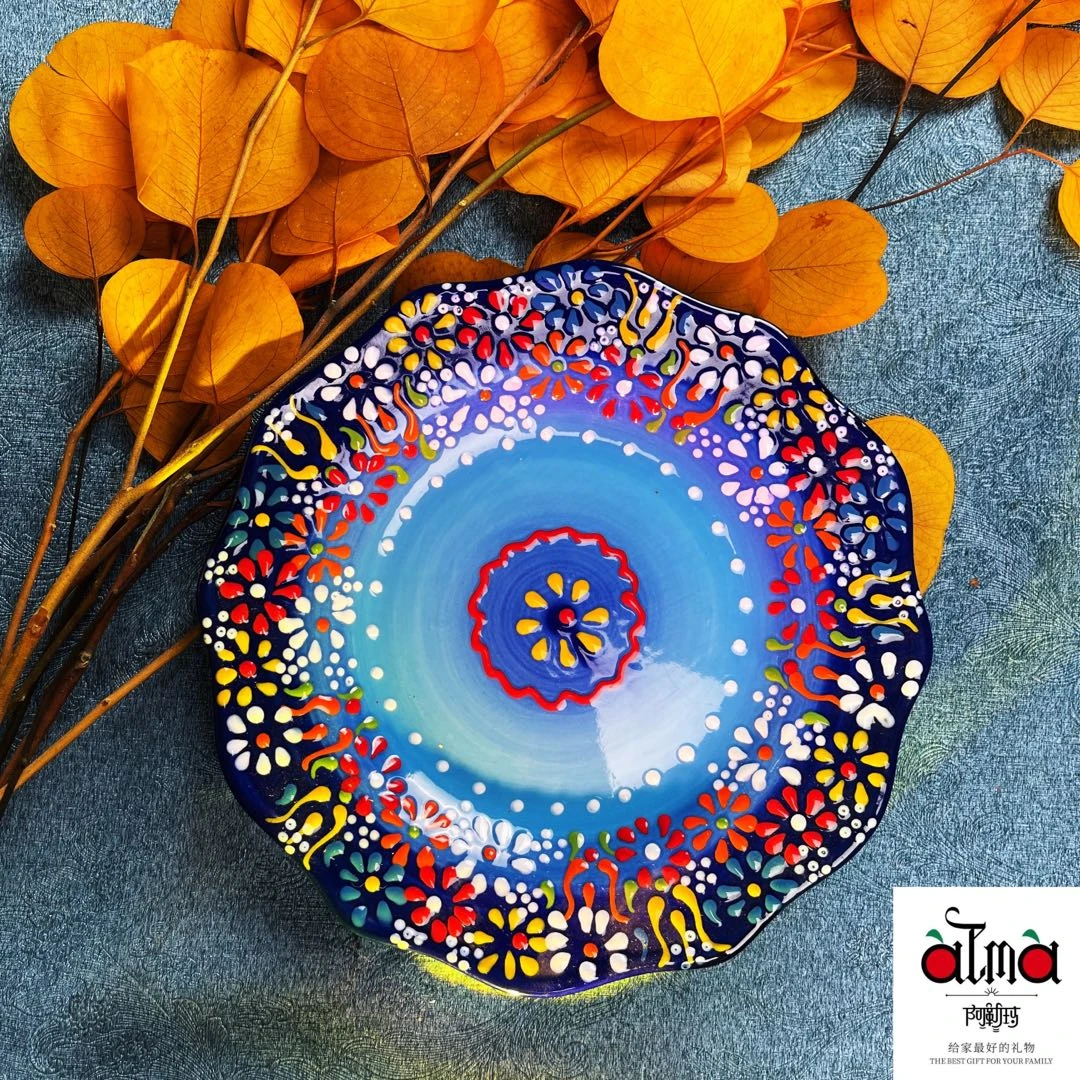 【妮娜专属】阿勒玛新疆包邮【蓝贵夫人】家用手绘9寸荷口圆盘加厚