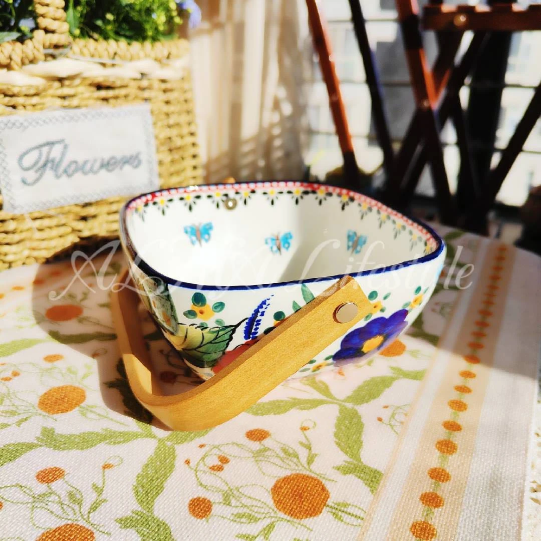 新疆包邮【花之艳果篮】手绘轻奢陶瓷纯手工复古6寸带手提陶瓷果篮