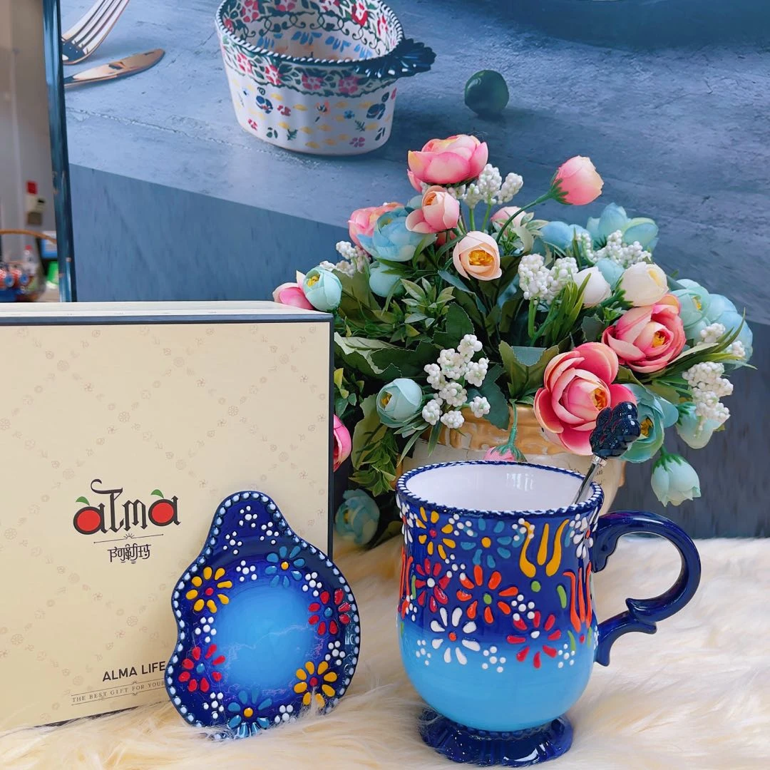 【妮娜专属】阿勒玛新疆包邮【蓝贵夫人】手绘土耳其堆料马克杯2个