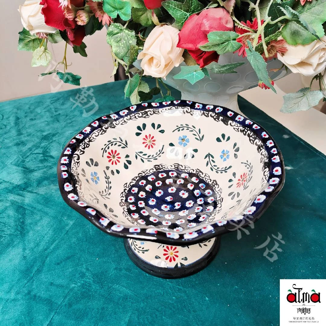 阿勒玛 新疆包邮【墨玉】手绘家用加厚防烫耐磨9寸高脚干果盘