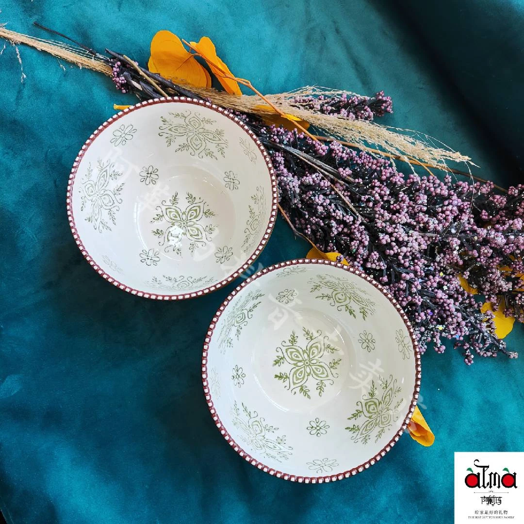 阿勒玛 新疆包邮（常青藤）家用面碗手绘陶瓷加厚到手2支泡面碗