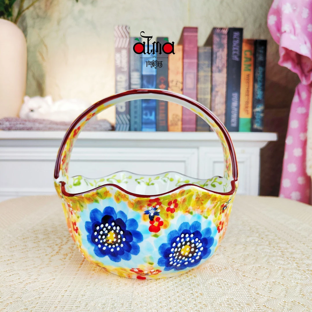 新疆包邮【莫奈花园蓝波浪果篮】手绘轻奢陶瓷复古带手提陶瓷果篮