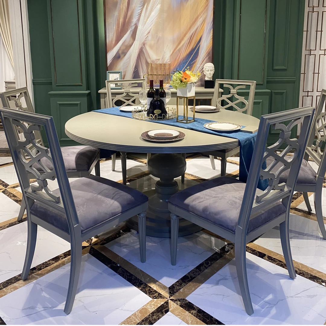 博美 美式轻奢餐桌大圆桌榉木实木餐桌椅餐桌组合餐椅圆形家用